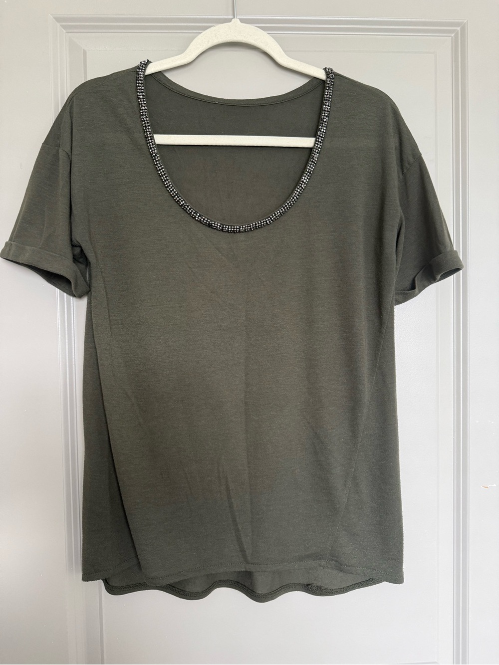 Olive Short Sleeve Scoop Neck Tee with Beaded Trim size M